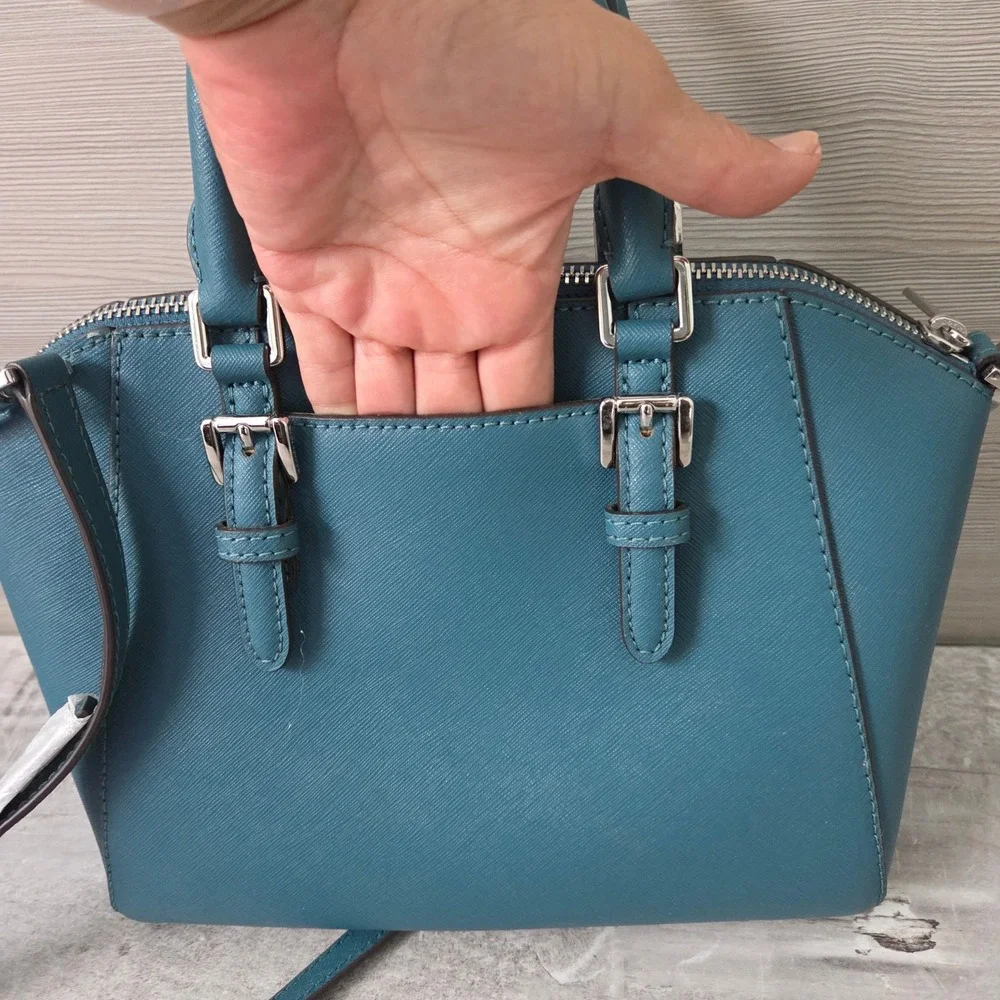 Michael Kors Ciara Medium Satchel Women Teal Blue Saffiano Leather Crossbody Bag